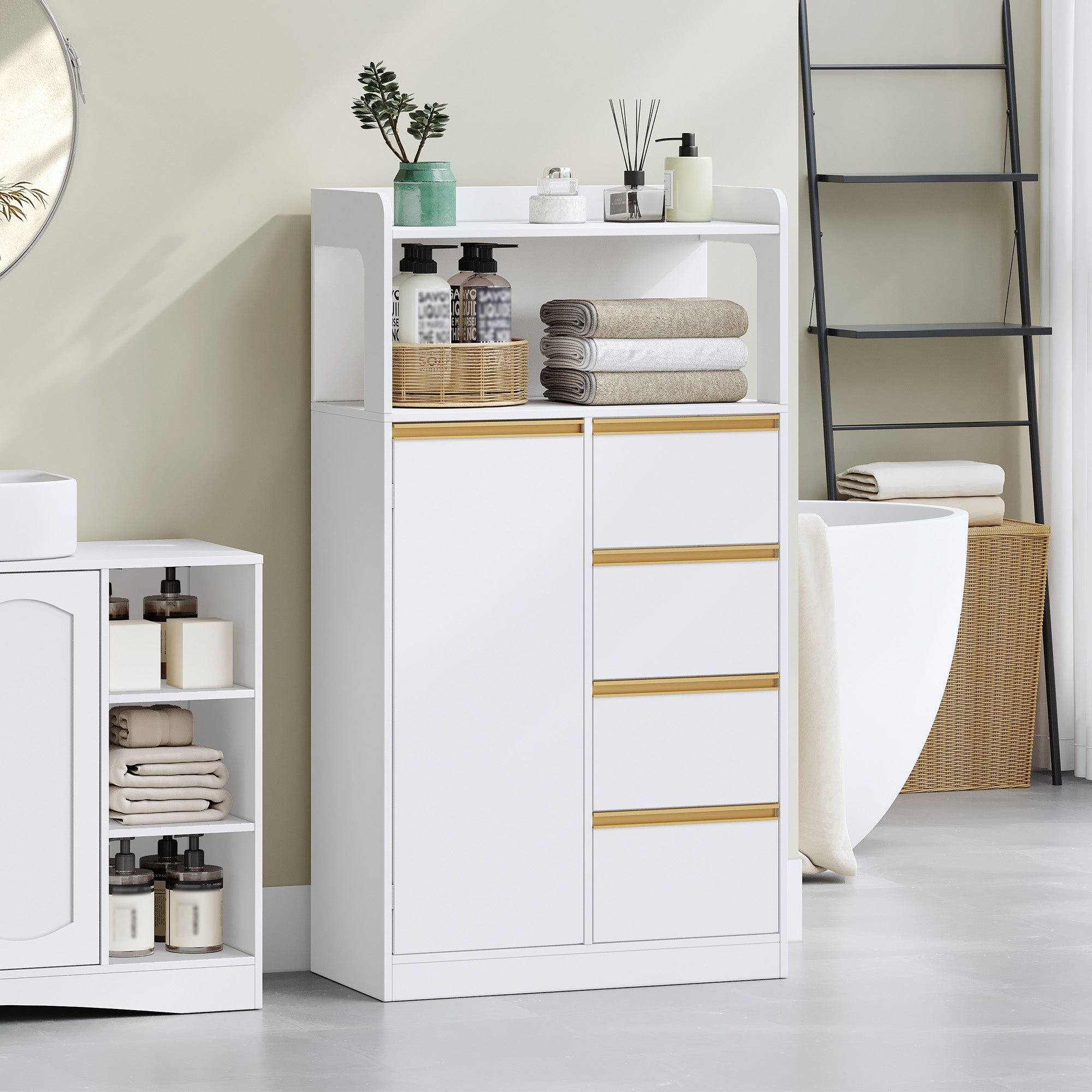 HEXCELEN Bathroom Cabinet, Kitchen Cabinet, Storage Cabinet with 4 Drawers and Open Shelf, Bathroom Cabinet High, Adjustable Shelf, for Bathroom, Living Room, White Gold, 30 x 60 x 110 cm, 560103X
