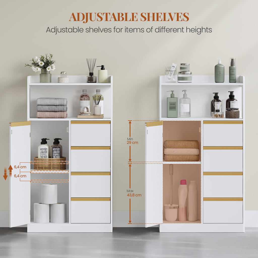 HEXCELEN Bathroom Cabinet, Kitchen Cabinet, Storage Cabinet with 4 Drawers and Open Shelf, Bathroom Cabinet High, Adjustable Shelf, for Bathroom, Living Room, White Gold, 30 x 60 x 110 cm, 560103X