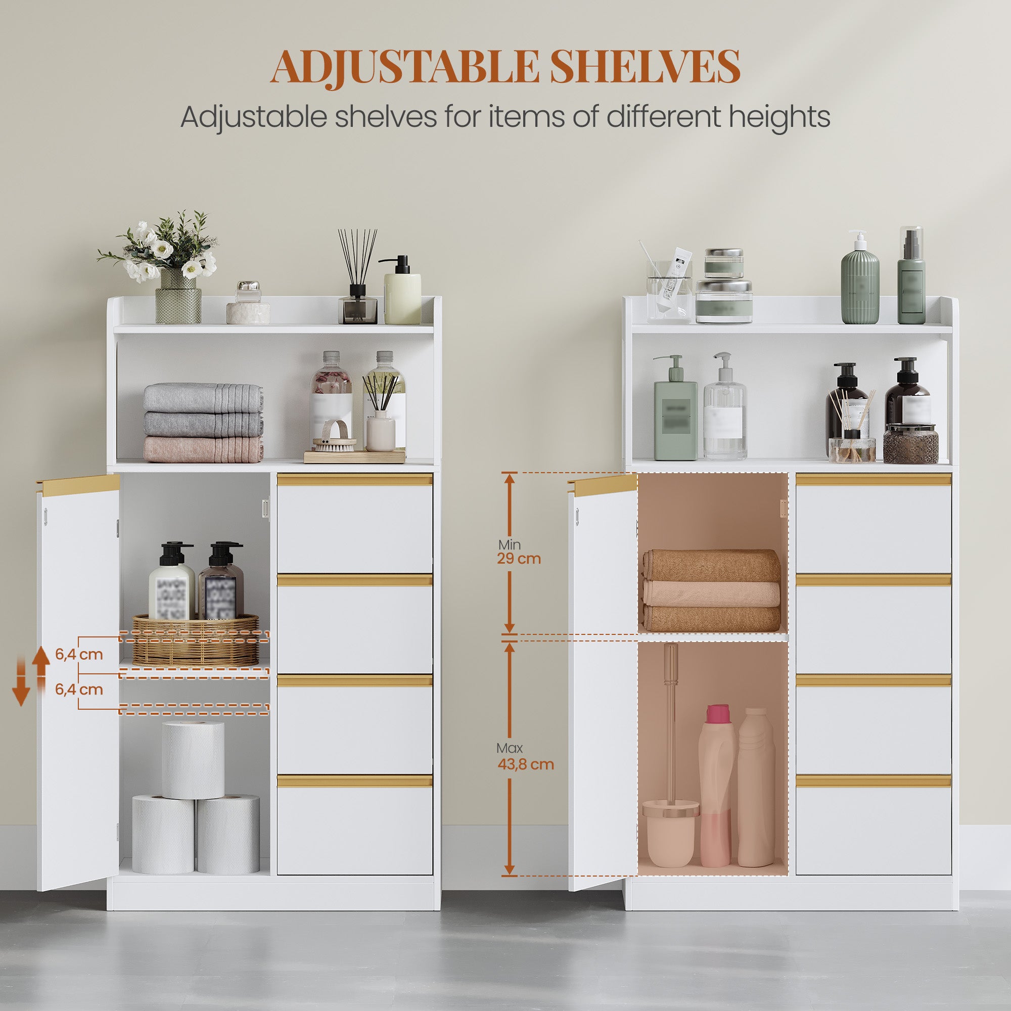 HEXCELEN Bathroom Cabinet, Kitchen Cabinet, Storage Cabinet with 4 Drawers and Open Shelf, Bathroom Cabinet High, Adjustable Shelf, for Bathroom, Living Room, White Gold, 30 x 60 x 110 cm, 560103X