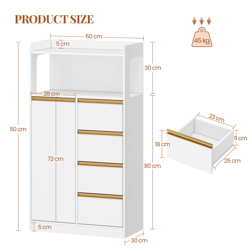 HEXCELEN Bathroom Cabinet, Kitchen Cabinet, Storage Cabinet with 4 Drawers and Open Shelf, Bathroom Cabinet High, Adjustable Shelf, for Bathroom, Living Room, White Gold, 30 x 60 x 110 cm, 560103X