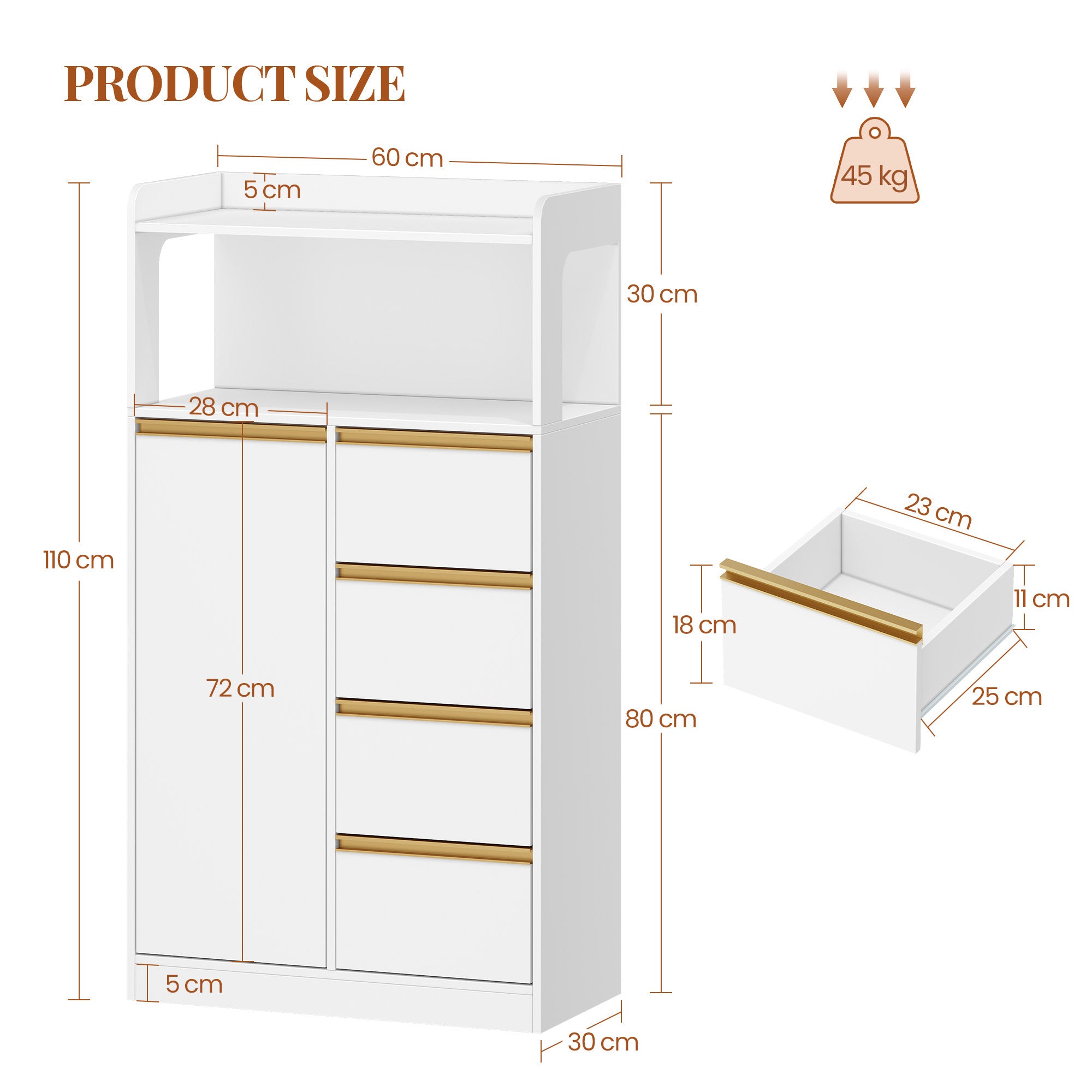 HEXCELEN Bathroom Cabinet, Kitchen Cabinet, Storage Cabinet with 4 Drawers and Open Shelf, Bathroom Cabinet High, Adjustable Shelf, for Bathroom, Living Room, White Gold, 30 x 60 x 110 cm, 560103X