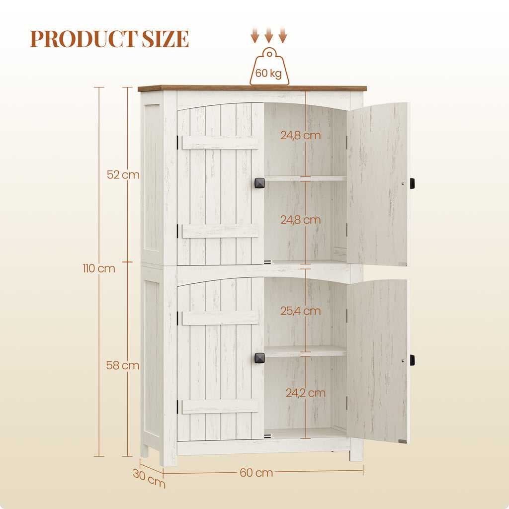 HEXCELEN Country Style Bathroom Cabinet with 4 Doors, Adjustable Shelves, Freestanding Cabinet, Vintage Bruin White, 30 x 60 x 110 cm, 560214X