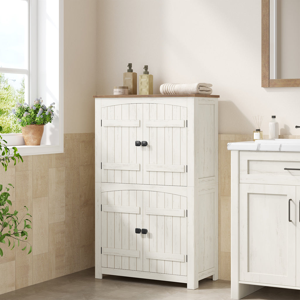HEXCELEN Country Style Bathroom Cabinet with 4 Doors, Adjustable Shelves, Freestanding Cabinet, Vintage Bruin White, 30 x 60 x 110 cm, 560214X