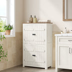 HEXCELEN Country Style Bathroom Cabinet with 4 Doors, Adjustable Shelves, Freestanding Cabinet, Vintage Bruin White, 30 x 60 x 110 cm, 560214X
