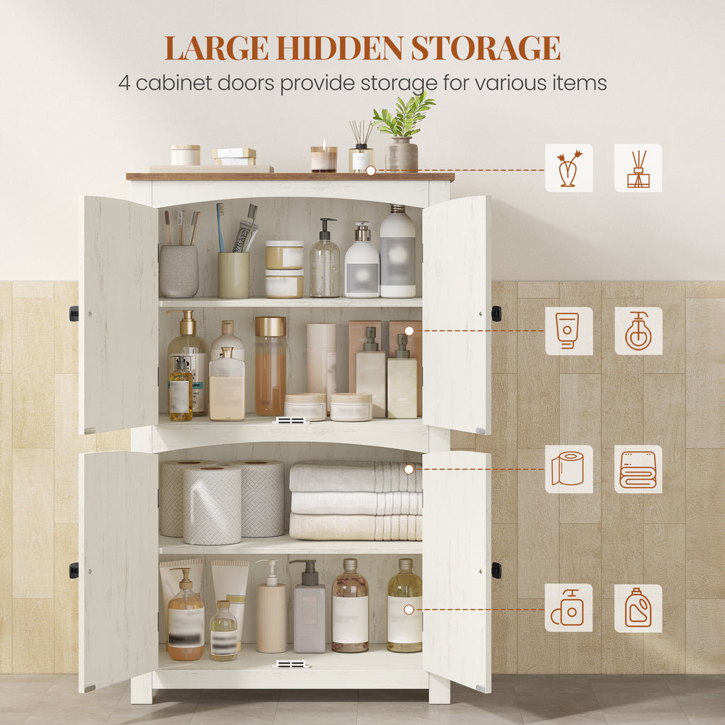 HEXCELEN Country Style Bathroom Cabinet with 4 Doors, Adjustable Shelves, Freestanding Cabinet, Vintage Bruin White, 30 x 60 x 110 cm, 560214X