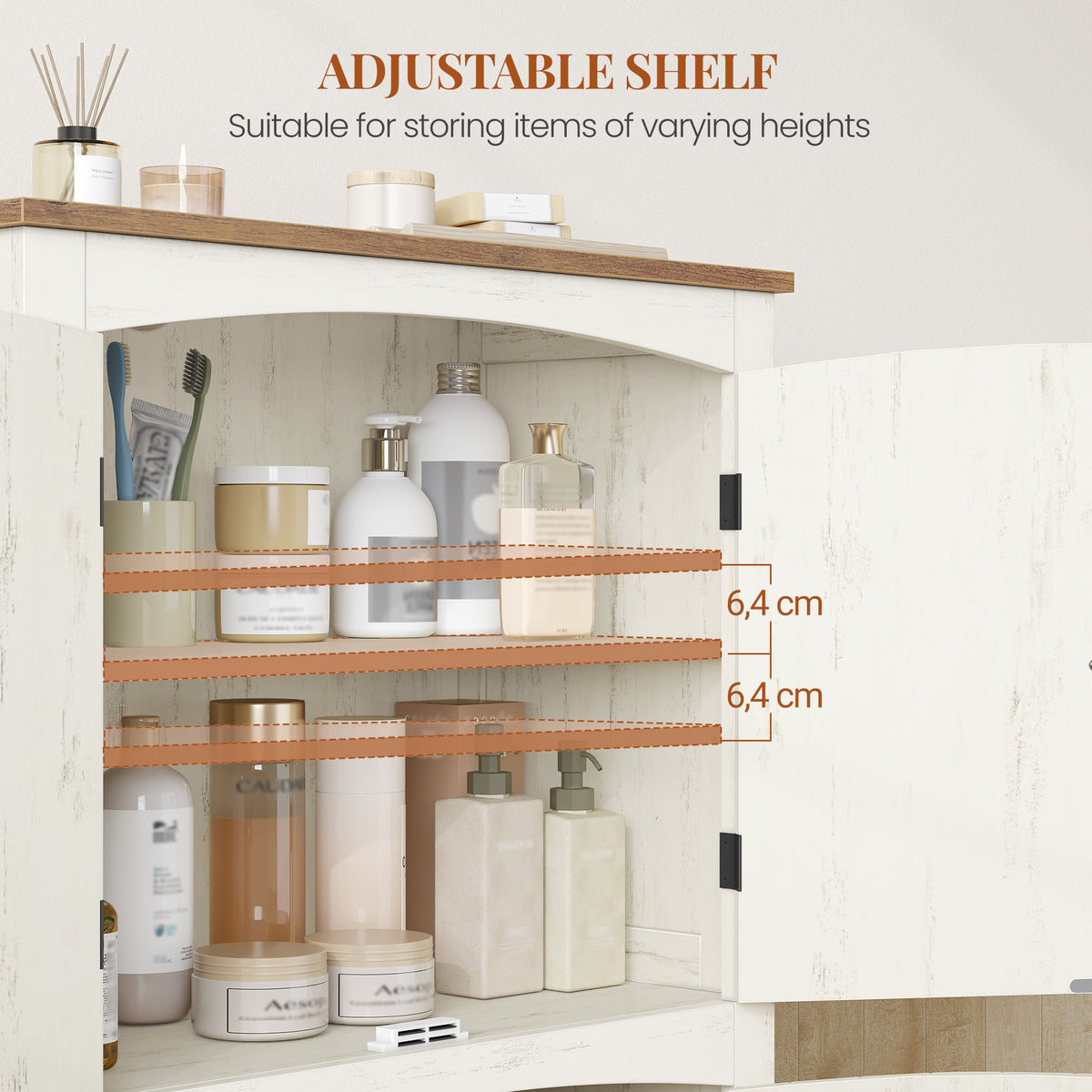 HEXCELEN Country Style Bathroom Cabinet with 4 Doors, Adjustable Shelves, Freestanding Cabinet, Vintage Bruin White, 30 x 60 x 110 cm, 560214X