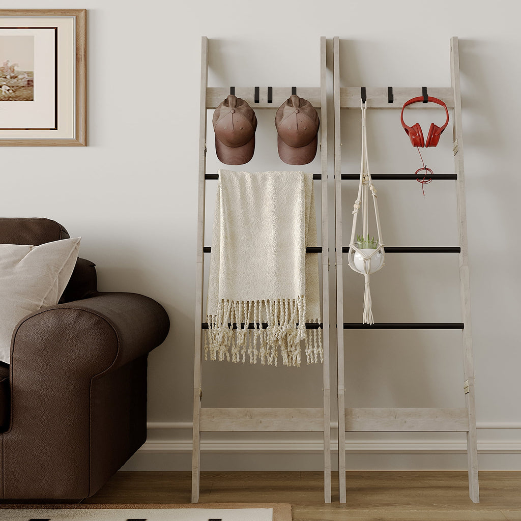 Hzuaneri Blanket Ladder for Living Room, 5-Tier Farmhouse Ladder Holder with 4 Hooks, 5ft 3 inch Rustic Decorative Farmhouse Blanket Holder Rack Easy Assembly - Greige
