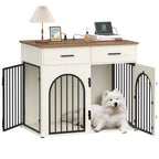 Hzuaneri 43.3'' Dog Crate Furniture for Large Dog, Indoor Dog Kennel with 2 Storage Drawers, Charging Station, Wooden Dog Cage End Table Kennel, White Brown