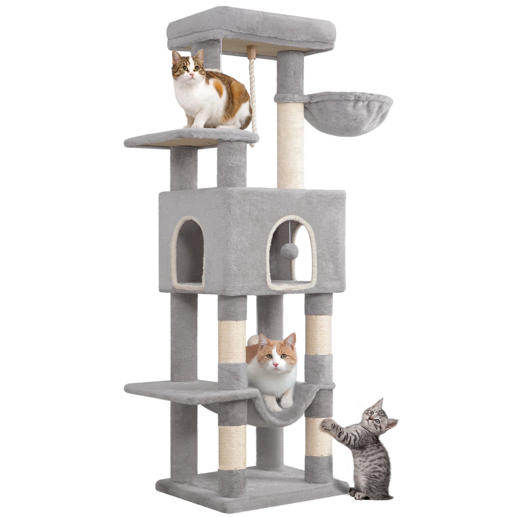 Cat Tree, 58.7‑Inch Tall Multi‑Level Cat Tower for Indoor Cats with Scratching Posts, Hammock and Cat Cave, Light Gray