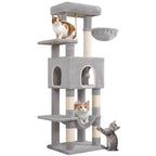 Cat Tree, 58.7‑Inch Tall Multi‑Level Cat Tower for Indoor Cats with Scratching Posts, Hammock and Cat Cave, Light Gray