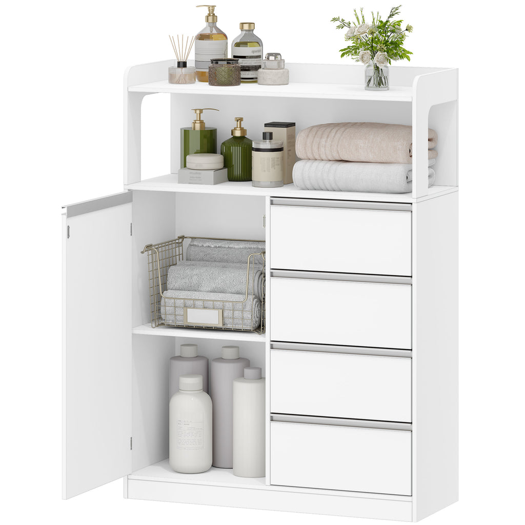 HEXCELEN Bathroom Cabinet, Kitchen Cabinet, 30 x 80 x 110 cm, Storage Cabinet with 4 Drawers and Open Shelf, Bathroom Cabinet High, Adjustable Shelf, for Bathroom, Living Room, White, 580103W