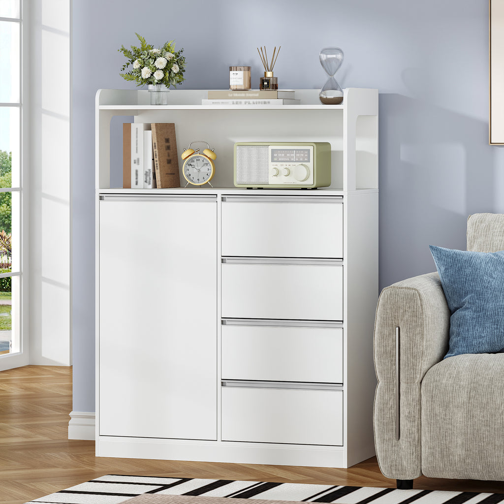 HEXCELEN Bathroom Cabinet, Kitchen Cabinet, 30 x 80 x 110 cm, Storage Cabinet with 4 Drawers and Open Shelf, Bathroom Cabinet High, Adjustable Shelf, for Bathroom, Living Room, White, 580103W