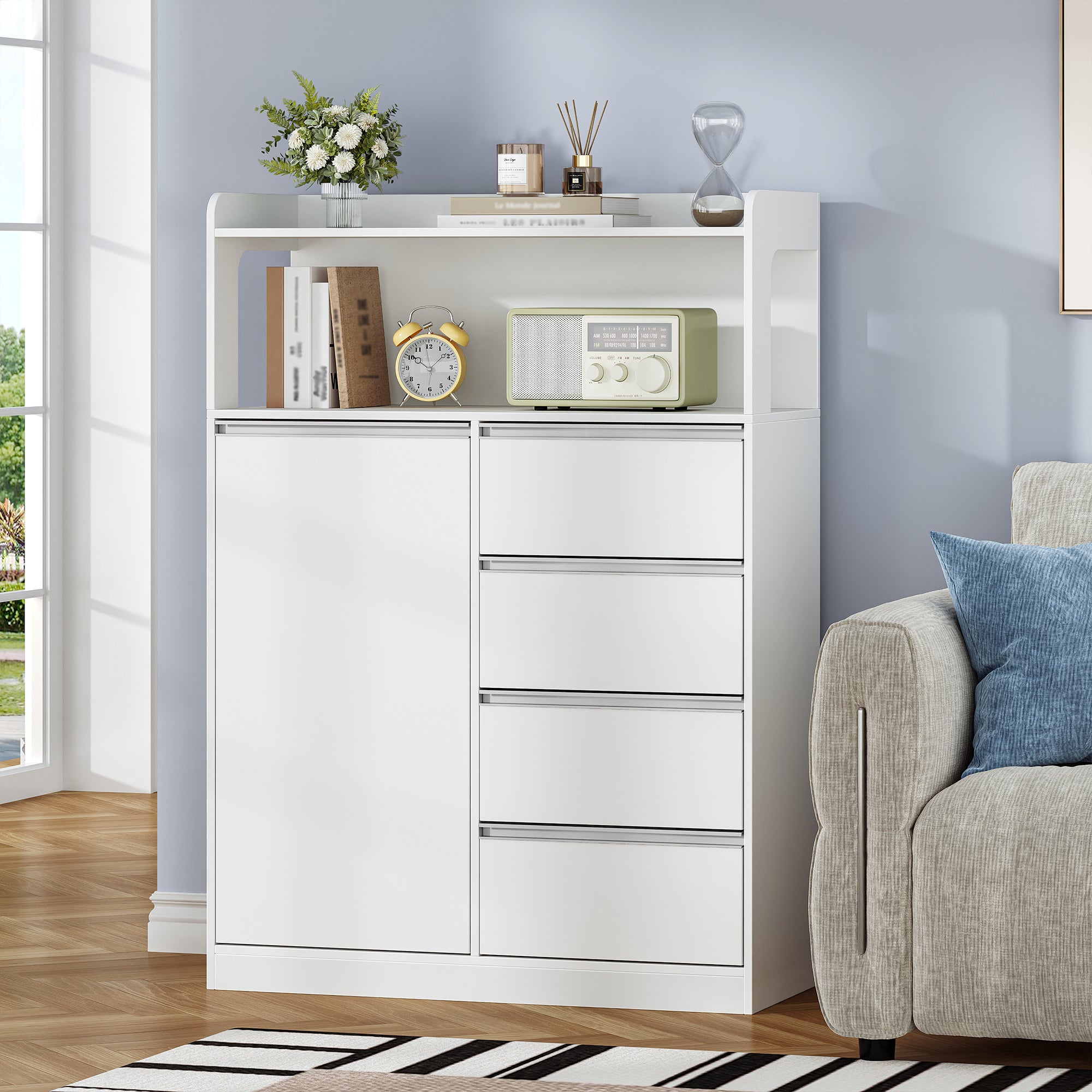 HEXCELEN Bathroom Cabinet, Kitchen Cabinet, 30 x 80 x 110 cm, Storage Cabinet with 4 Drawers and Open Shelf, Bathroom Cabinet High, Adjustable Shelf, for Bathroom, Living Room, White, 580103W