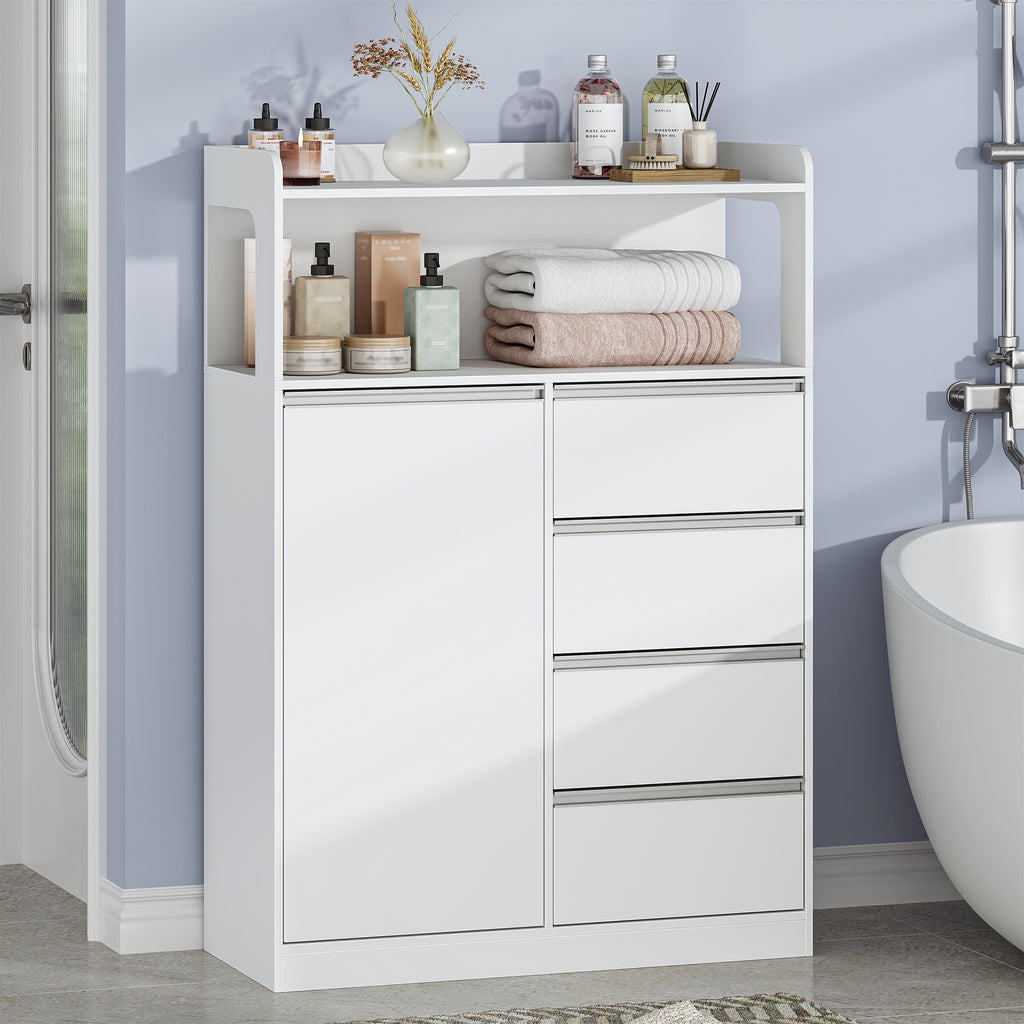 HEXCELEN Bathroom Cabinet, Kitchen Cabinet, 30 x 80 x 110 cm, Storage Cabinet with 4 Drawers and Open Shelf, Bathroom Cabinet High, Adjustable Shelf, for Bathroom, Living Room, White, 580103W