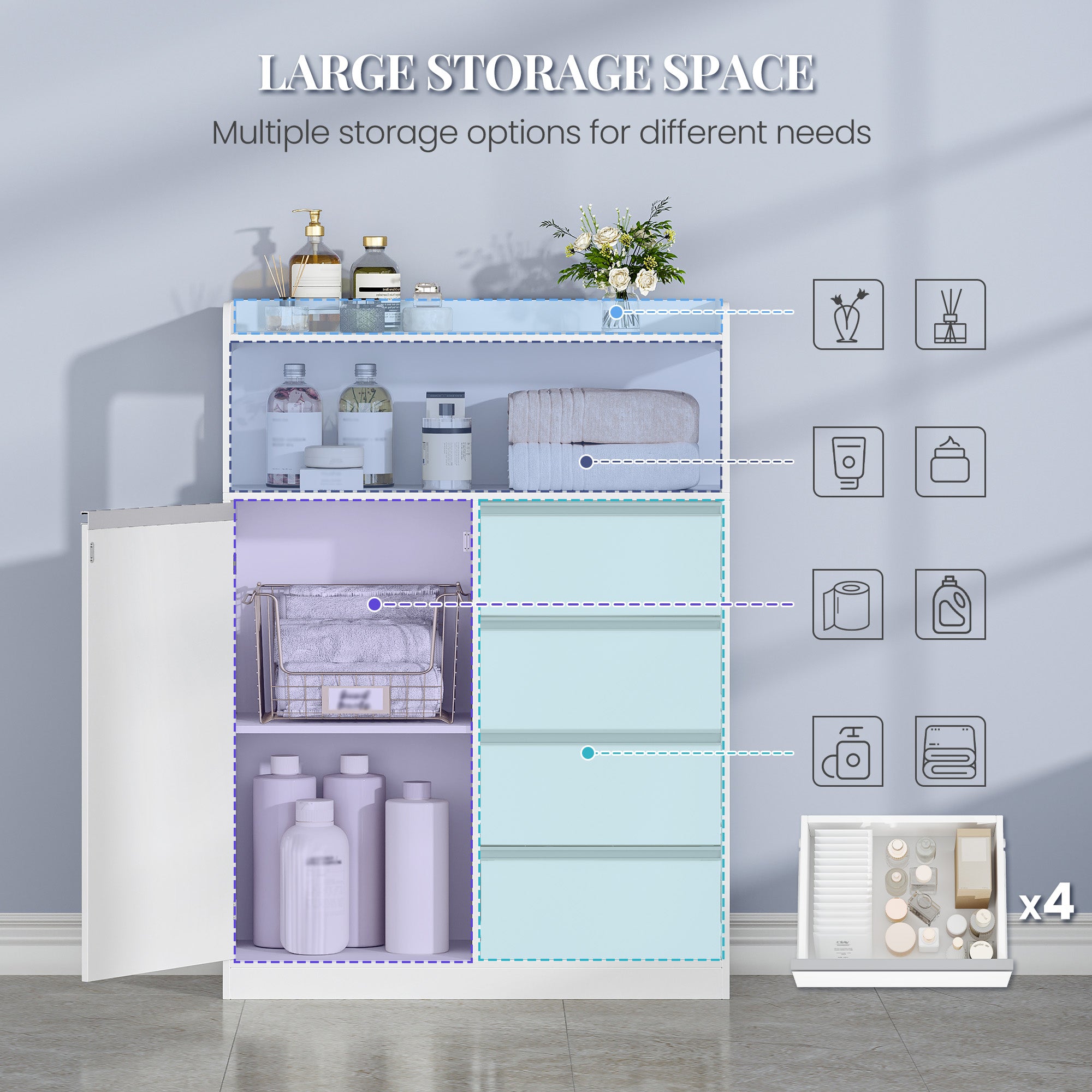 HEXCELEN Bathroom Cabinet, Kitchen Cabinet, 30 x 80 x 110 cm, Storage Cabinet with 4 Drawers and Open Shelf, Bathroom Cabinet High, Adjustable Shelf, for Bathroom, Living Room, White, 580103W