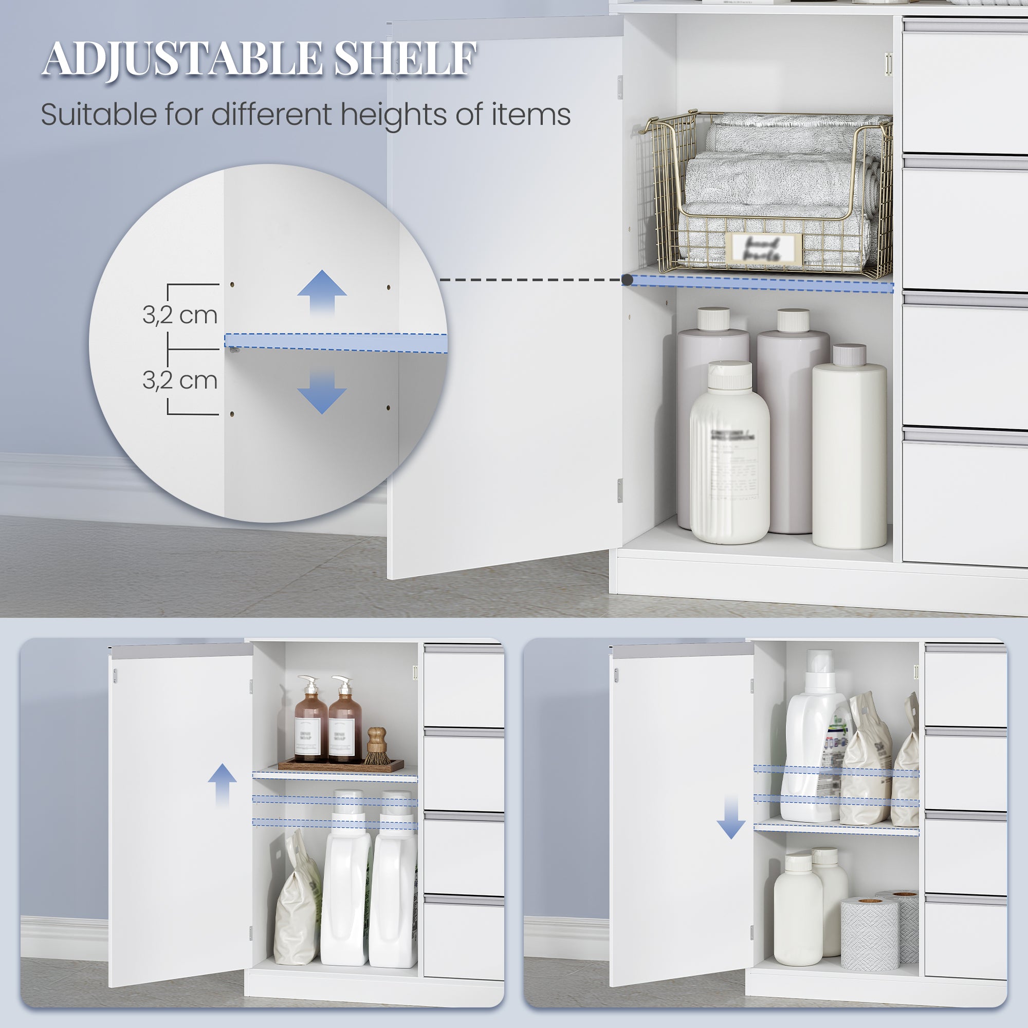 HEXCELEN Bathroom Cabinet, Kitchen Cabinet, 30 x 80 x 110 cm, Storage Cabinet with 4 Drawers and Open Shelf, Bathroom Cabinet High, Adjustable Shelf, for Bathroom, Living Room, White, 580103W