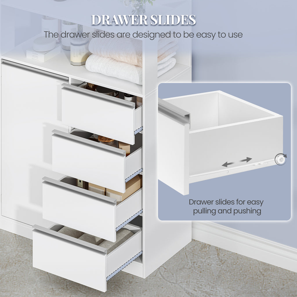 HEXCELEN Bathroom Cabinet, Kitchen Cabinet, 30 x 80 x 110 cm, Storage Cabinet with 4 Drawers and Open Shelf, Bathroom Cabinet High, Adjustable Shelf, for Bathroom, Living Room, White, 580103W