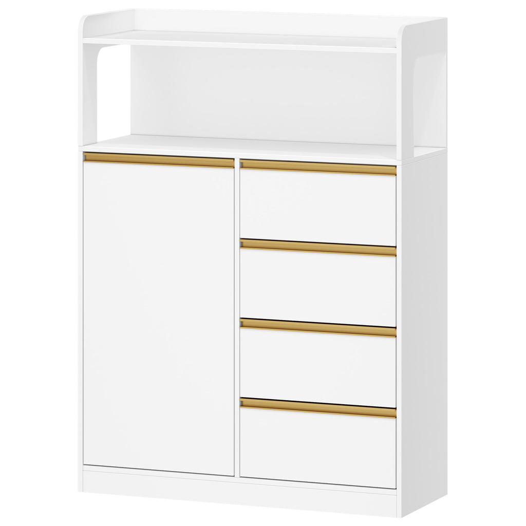 HEXCELEN Bathroom Cabinet, Kitchen Cabinet, Storage Cabinet with 4 Drawers and Open Shelf, Bathroom Cabinet High, Adjustable Shelf, for Bathroom, Living Room, White Gold, 30 x 80 x 110 cm, 580103X