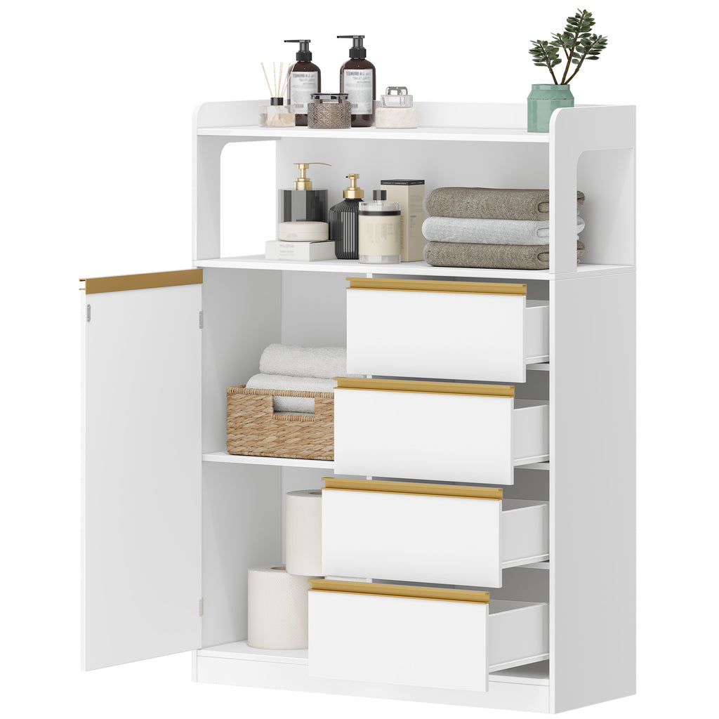 HEXCELEN Bathroom Cabinet, Kitchen Cabinet, Storage Cabinet with 4 Drawers and Open Shelf, Bathroom Cabinet High, Adjustable Shelf, for Bathroom, Living Room, White Gold, 30 x 80 x 110 cm, 580103X