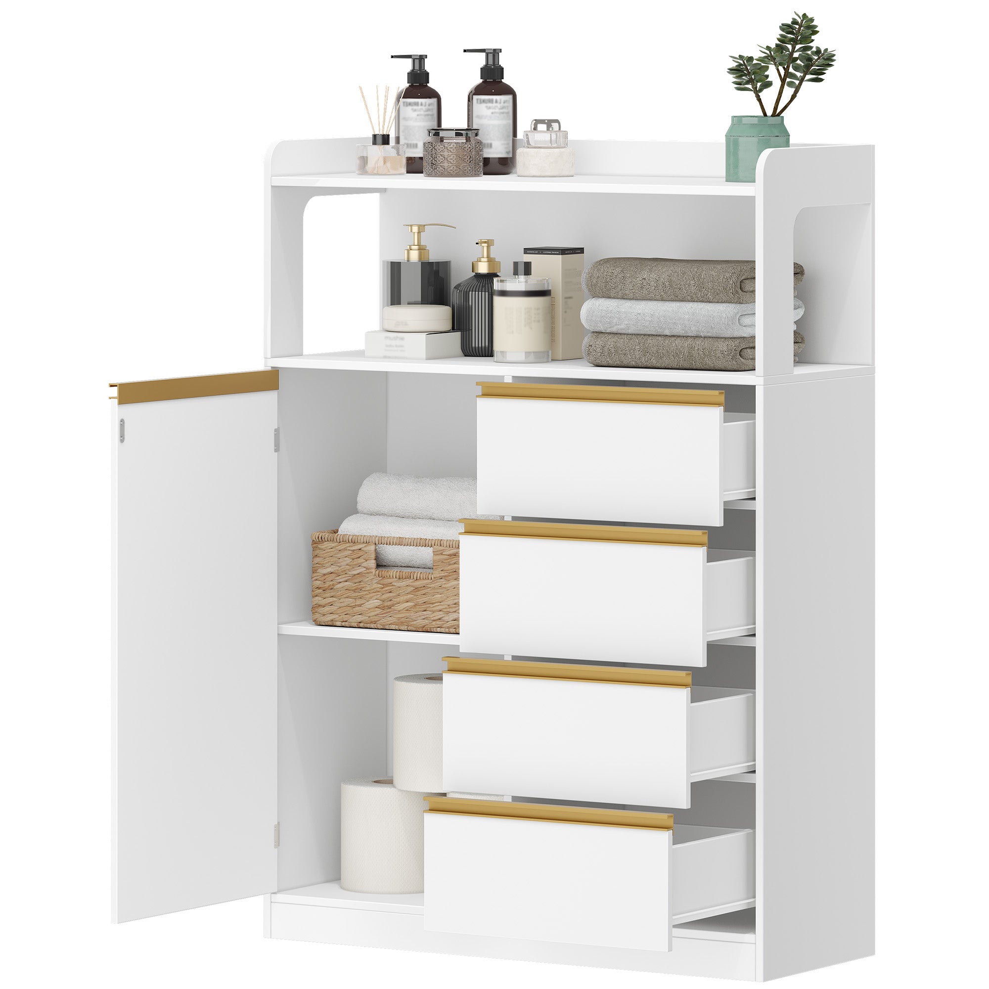 HEXCELEN Bathroom Cabinet, Kitchen Cabinet, Storage Cabinet with 4 Drawers and Open Shelf, Bathroom Cabinet High, Adjustable Shelf, for Bathroom, Living Room, White Gold, 30 x 80 x 110 cm, 580103X