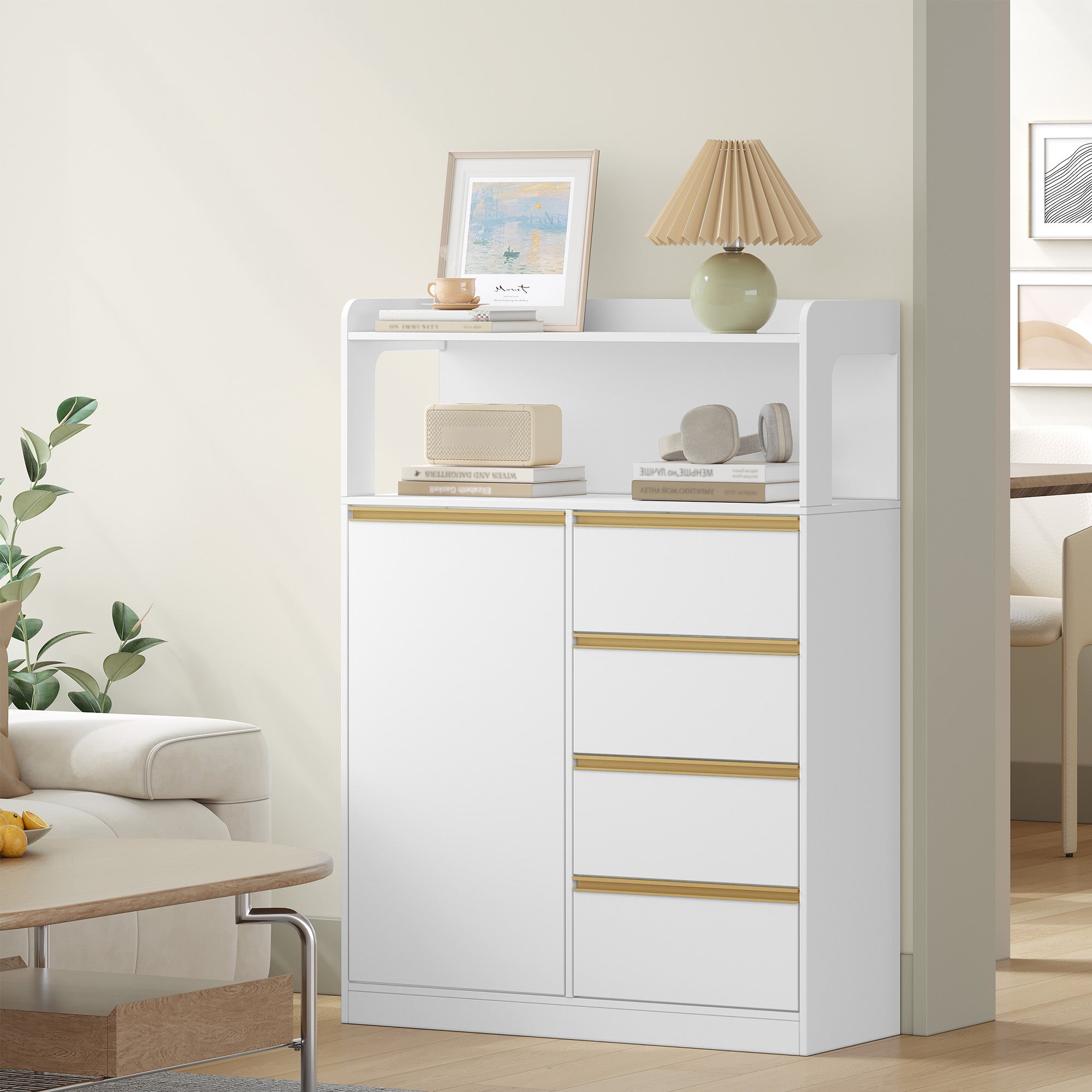 HEXCELEN Bathroom Cabinet, Kitchen Cabinet, Storage Cabinet with 4 Drawers and Open Shelf, Bathroom Cabinet High, Adjustable Shelf, for Bathroom, Living Room, White Gold, 30 x 80 x 110 cm, 580103X