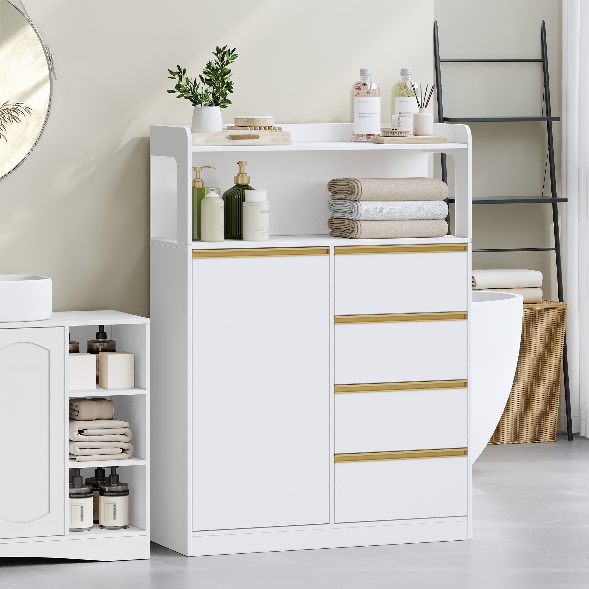 HEXCELEN Bathroom Cabinet, Kitchen Cabinet, Storage Cabinet with 4 Drawers and Open Shelf, Bathroom Cabinet High, Adjustable Shelf, for Bathroom, Living Room, White Gold, 30 x 80 x 110 cm, 580103X