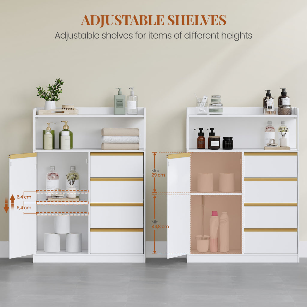 HEXCELEN Bathroom Cabinet, Kitchen Cabinet, Storage Cabinet with 4 Drawers and Open Shelf, Bathroom Cabinet High, Adjustable Shelf, for Bathroom, Living Room, White Gold, 30 x 80 x 110 cm, 580103X