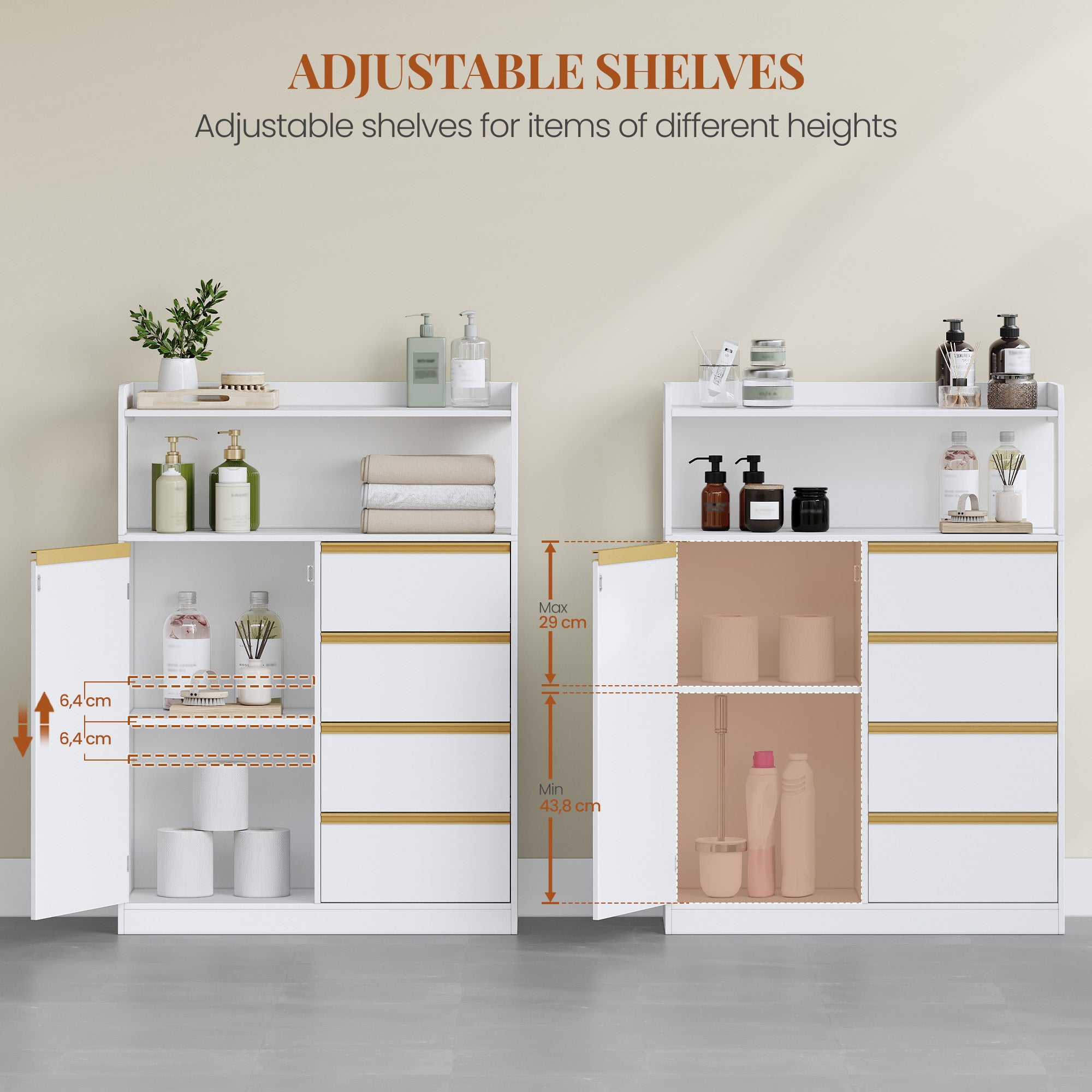 HEXCELEN Bathroom Cabinet, Kitchen Cabinet, Storage Cabinet with 4 Drawers and Open Shelf, Bathroom Cabinet High, Adjustable Shelf, for Bathroom, Living Room, White Gold, 30 x 80 x 110 cm, 580103X