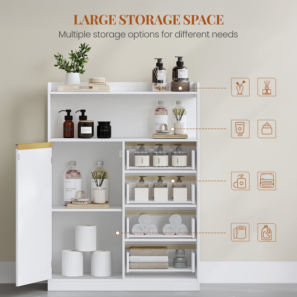 HEXCELEN Bathroom Cabinet, Kitchen Cabinet, Storage Cabinet with 4 Drawers and Open Shelf, Bathroom Cabinet High, Adjustable Shelf, for Bathroom, Living Room, White Gold, 30 x 80 x 110 cm, 580103X