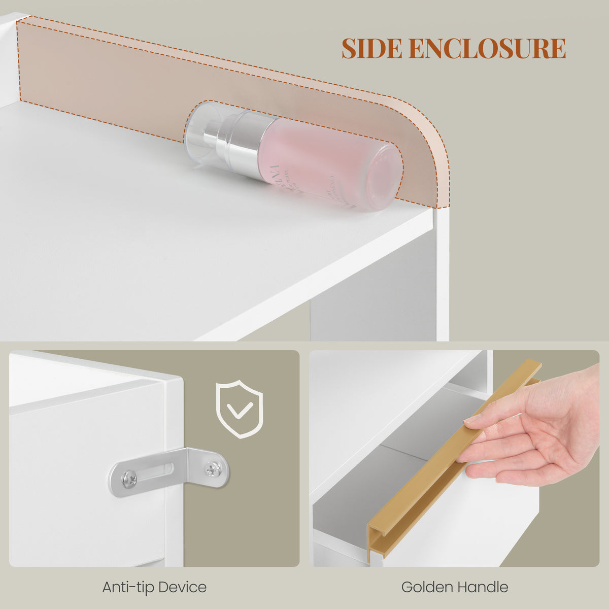 HEXCELEN Bathroom Cabinet, Kitchen Cabinet, Storage Cabinet with 4 Drawers and Open Shelf, Bathroom Cabinet High, Adjustable Shelf, for Bathroom, Living Room, White Gold, 30 x 80 x 110 cm, 580103X