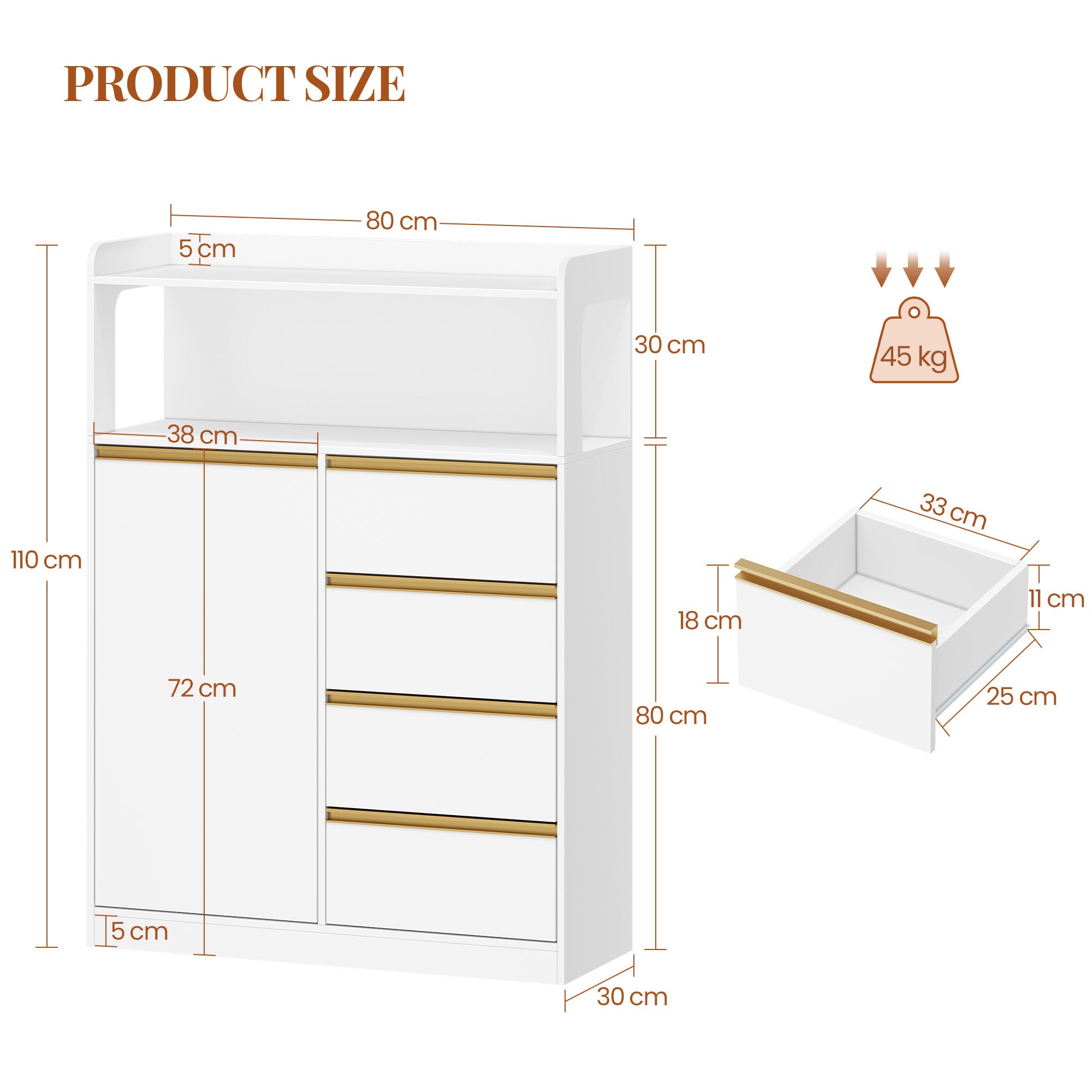 HEXCELEN Bathroom Cabinet, Kitchen Cabinet, Storage Cabinet with 4 Drawers and Open Shelf, Bathroom Cabinet High, Adjustable Shelf, for Bathroom, Living Room, White Gold, 30 x 80 x 110 cm, 580103X