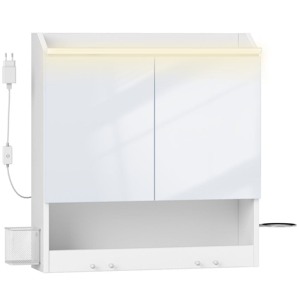 HEXCELEN 60 cm Bathroom Mirror Cabinet, Bathroom Cabinet with Mirror, Wall Cabinet with 2 Doors, Adjustable Levels, with Hooks, for Bathroom, 15 x 60 x 63.5 cm, White, 590203X