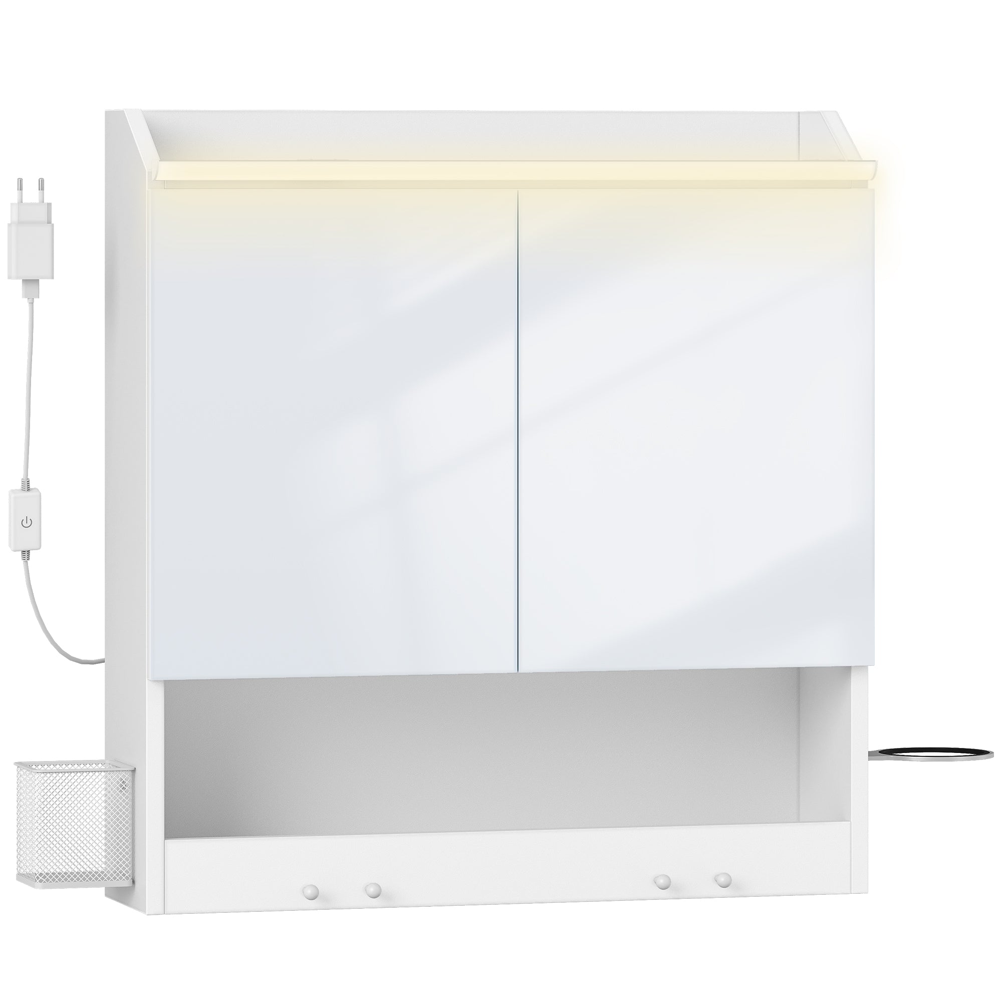 HEXCELEN 60 cm Bathroom Mirror Cabinet, Bathroom Cabinet with Mirror, Wall Cabinet with 2 Doors, Adjustable Levels, with Hooks, for Bathroom, 15 x 60 x 63.5 cm, White, 590203X