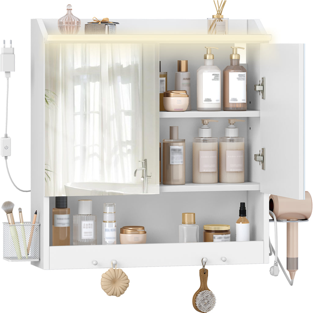 HEXCELEN 60 cm Bathroom Mirror Cabinet, Bathroom Cabinet with Mirror, Wall Cabinet with 2 Doors, Adjustable Levels, with Hooks, for Bathroom, 15 x 60 x 63.5 cm, White, 590203X