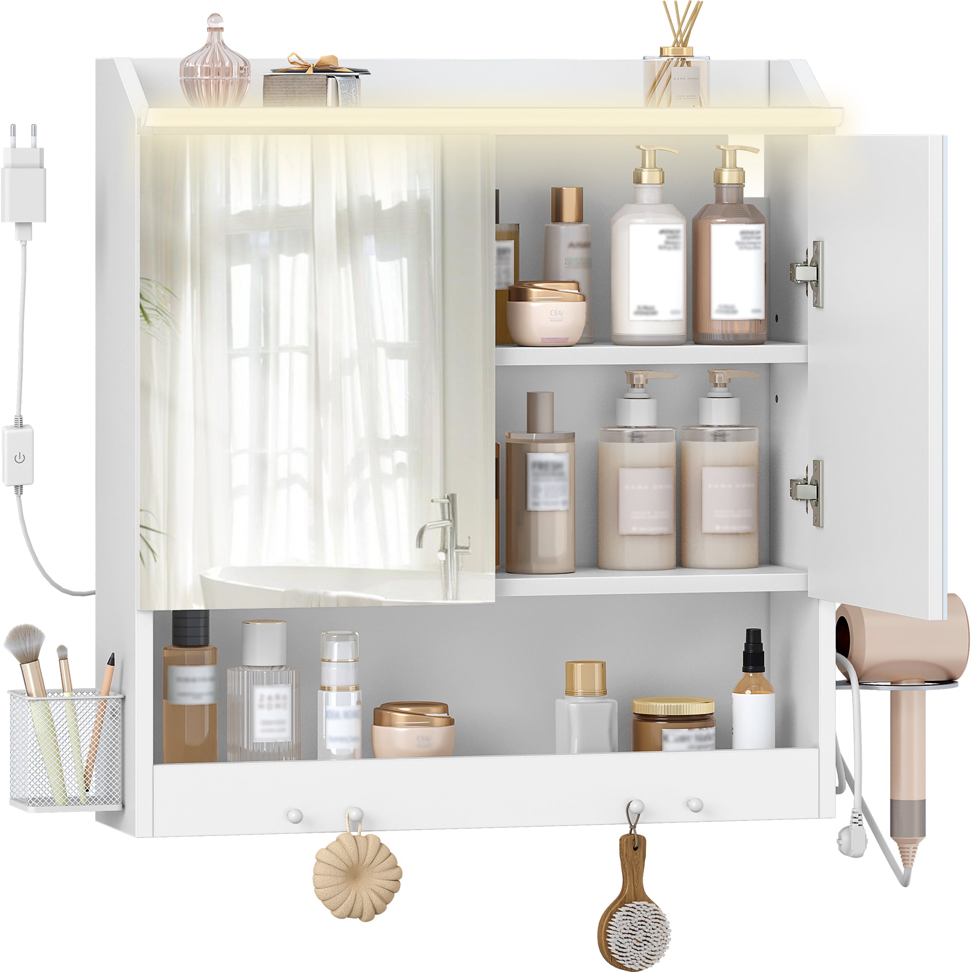 HEXCELEN 60 cm Bathroom Mirror Cabinet, Bathroom Cabinet with Mirror, Wall Cabinet with 2 Doors, Adjustable Levels, with Hooks, for Bathroom, 15 x 60 x 63.5 cm, White, 590203X