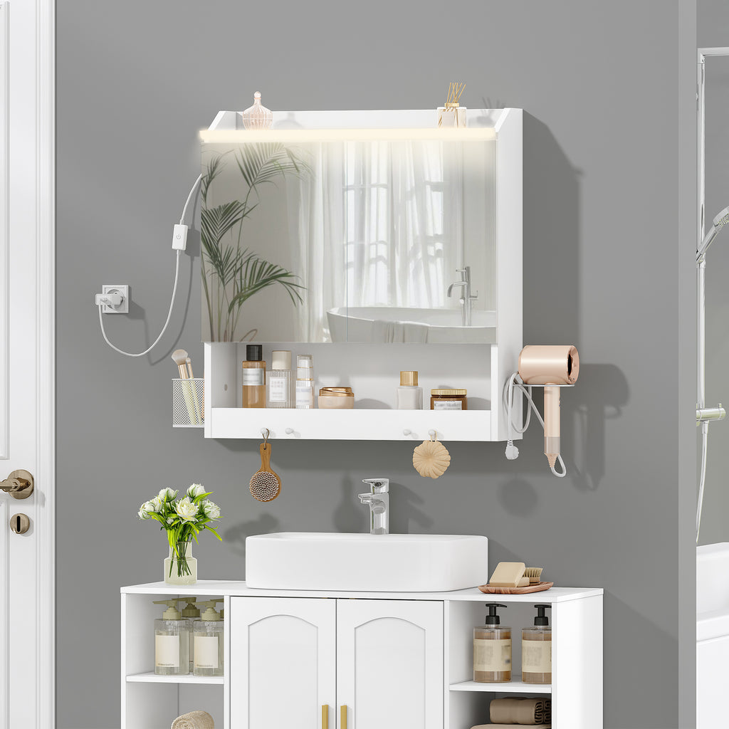 HEXCELEN 60 cm Bathroom Mirror Cabinet, Bathroom Cabinet with Mirror, Wall Cabinet with 2 Doors, Adjustable Levels, with Hooks, for Bathroom, 15 x 60 x 63.5 cm, White, 590203X