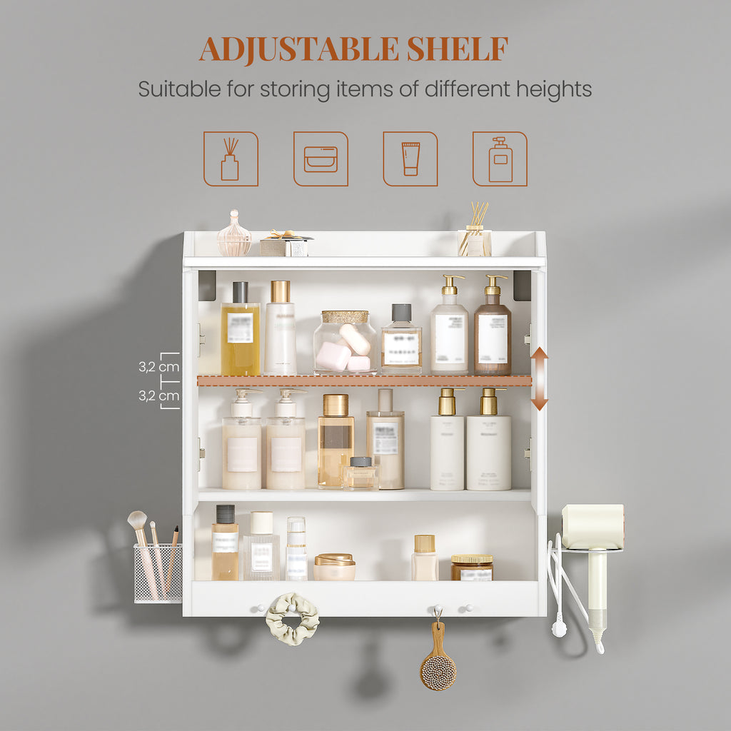 HEXCELEN 60 cm Bathroom Mirror Cabinet, Bathroom Cabinet with Mirror, Wall Cabinet with 2 Doors, Adjustable Levels, with Hooks, for Bathroom, 15 x 60 x 63.5 cm, White, 590203X