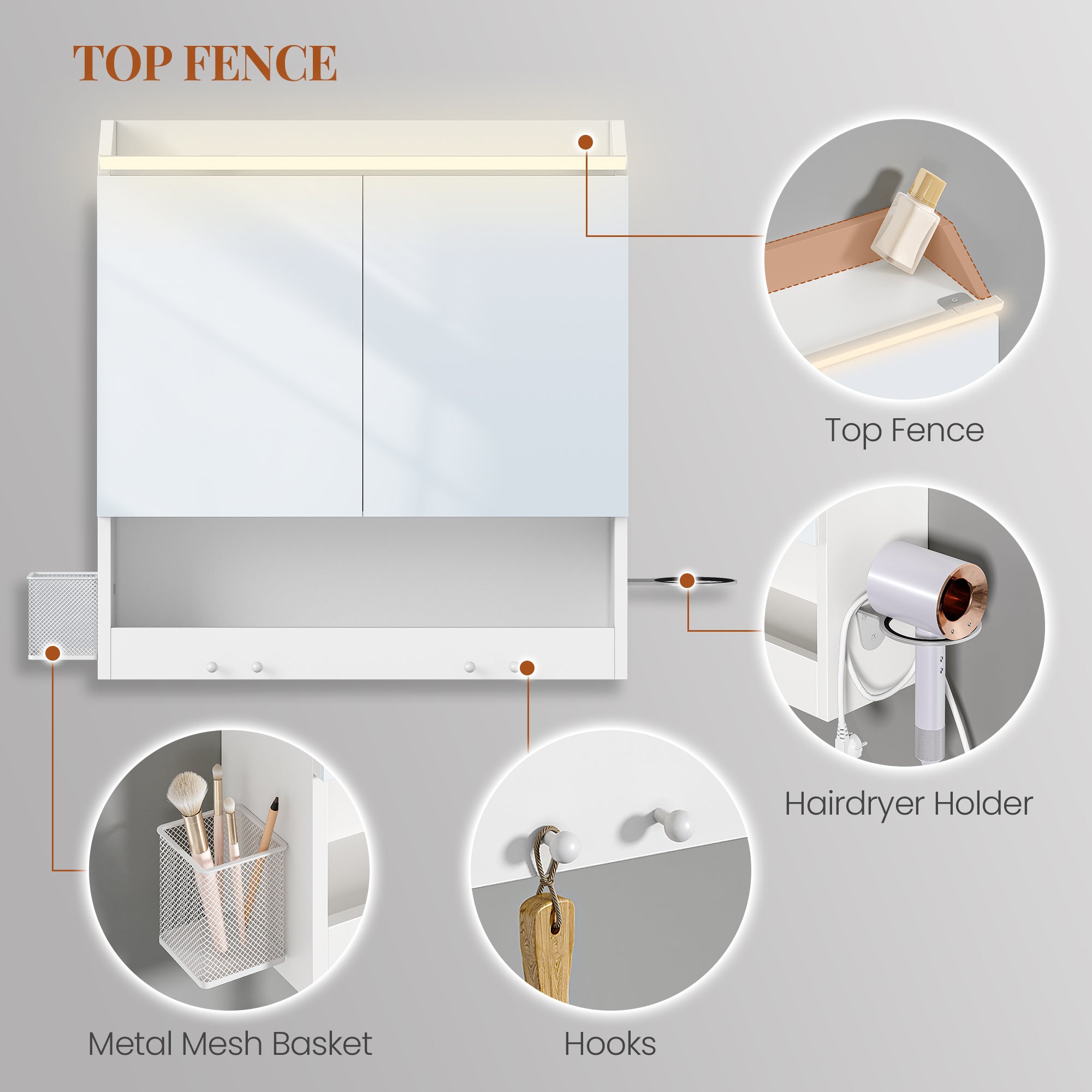 HEXCELEN 60 cm Bathroom Mirror Cabinet, Bathroom Cabinet with Mirror, Wall Cabinet with 2 Doors, Adjustable Levels, with Hooks, for Bathroom, 15 x 60 x 63.5 cm, White, 590203X