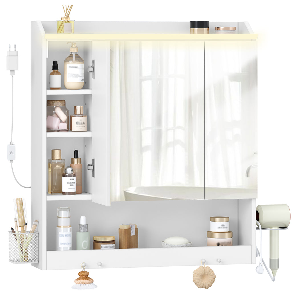 HEXCELEN 70 cm Bathroom Mirror Cabinet, Bathroom Cabinet with Mirror, Wall Cabinet with 3 Doors, Adjustable Levels, with Hooks, for Bathroom, 15 x 70 x 78.8 cm, White, 590303X
