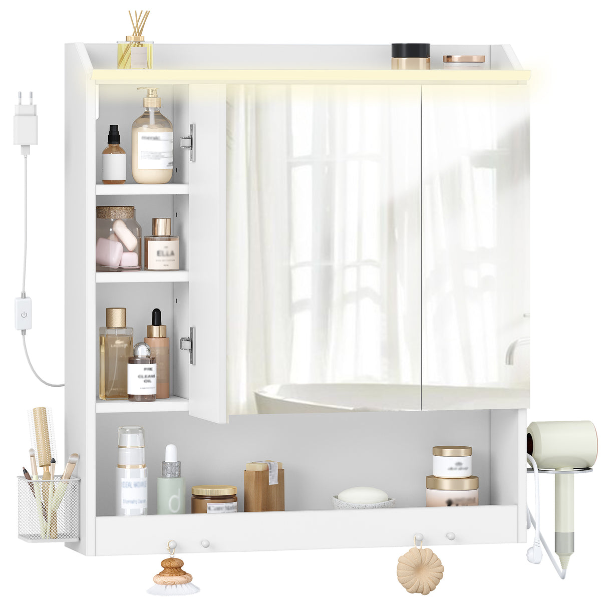 HEXCELEN 70 cm Bathroom Mirror Cabinet, Bathroom Cabinet with Mirror, Wall Cabinet with 3 Doors, Adjustable Levels, with Hooks, for Bathroom, 15 x 70 x 78.8 cm, White, 590303X