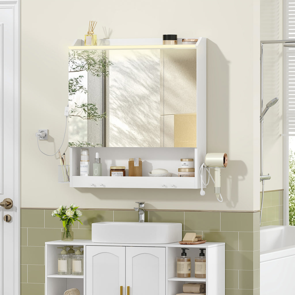 HEXCELEN 70 cm Bathroom Mirror Cabinet, Bathroom Cabinet with Mirror, Wall Cabinet with 3 Doors, Adjustable Levels, with Hooks, for Bathroom, 15 x 70 x 78.8 cm, White, 590303X