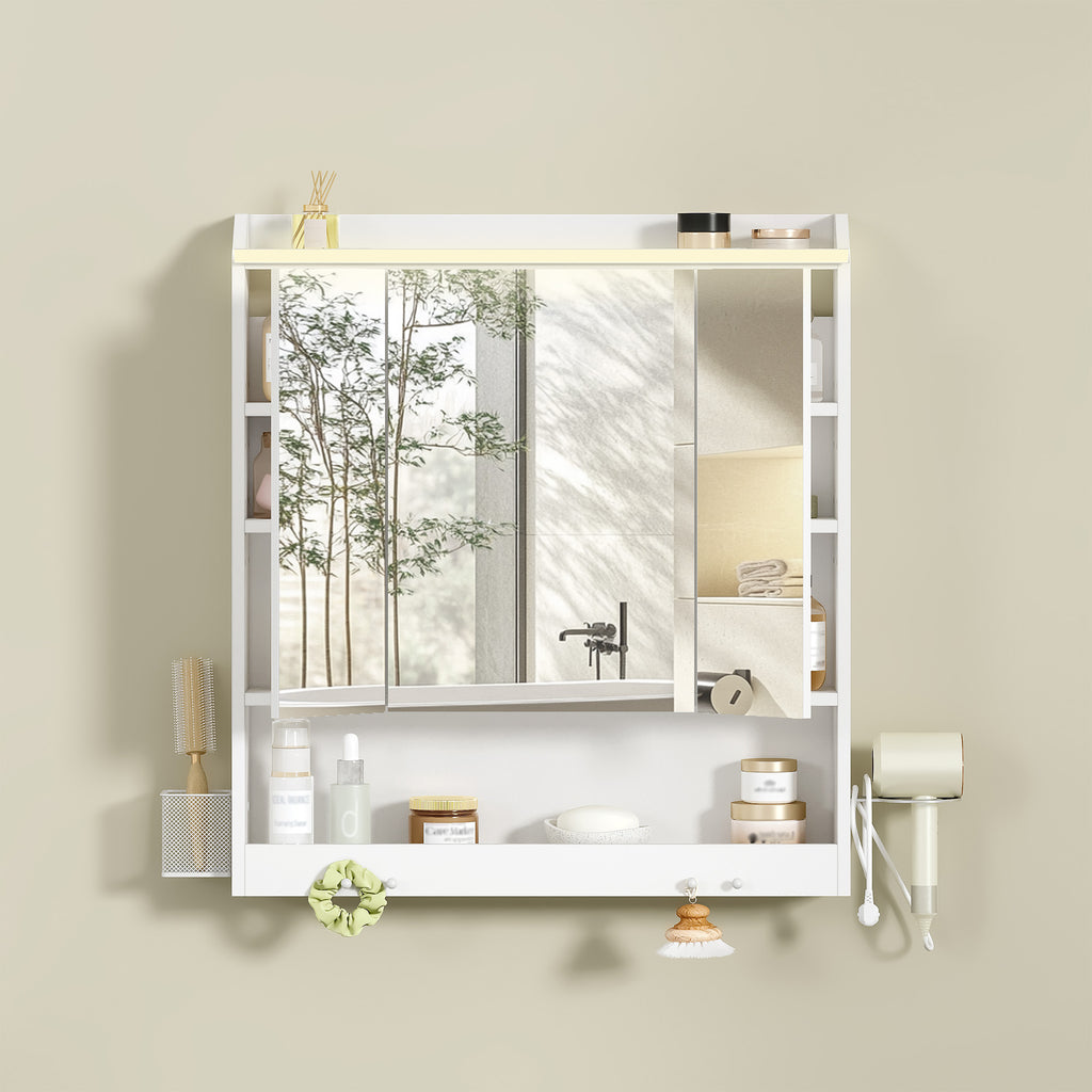 HEXCELEN 70 cm Bathroom Mirror Cabinet, Bathroom Cabinet with Mirror, Wall Cabinet with 3 Doors, Adjustable Levels, with Hooks, for Bathroom, 15 x 70 x 78.8 cm, White, 590303X