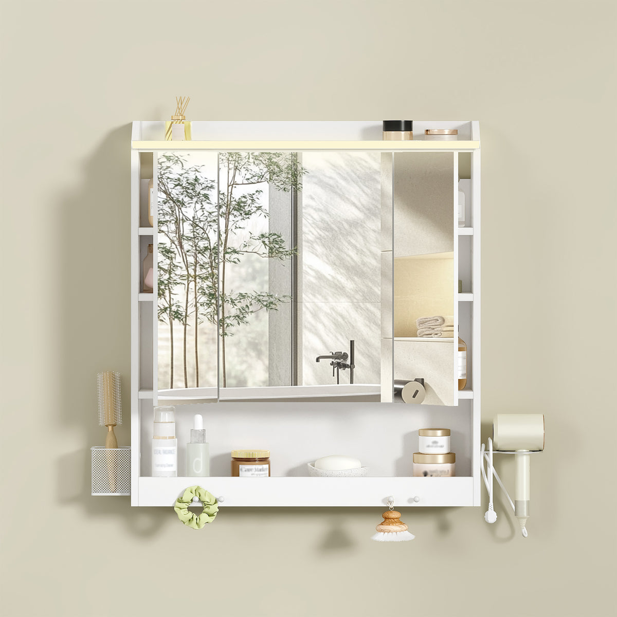 HEXCELEN 70 cm Bathroom Mirror Cabinet, Bathroom Cabinet with Mirror, Wall Cabinet with 3 Doors, Adjustable Levels, with Hooks, for Bathroom, 15 x 70 x 78.8 cm, White, 590303X