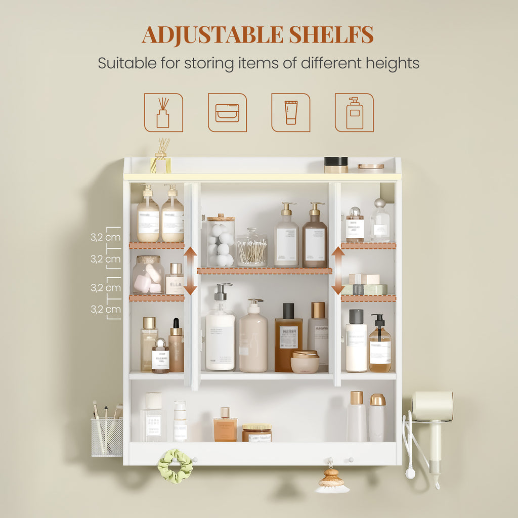 HEXCELEN 70 cm Bathroom Mirror Cabinet, Bathroom Cabinet with Mirror, Wall Cabinet with 3 Doors, Adjustable Levels, with Hooks, for Bathroom, 15 x 70 x 78.8 cm, White, 590303X