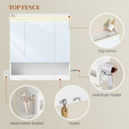 HEXCELEN 70 cm Bathroom Mirror Cabinet, Bathroom Cabinet with Mirror, Wall Cabinet with 3 Doors, Adjustable Levels, with Hooks, for Bathroom, 15 x 70 x 78.8 cm, White, 590303X