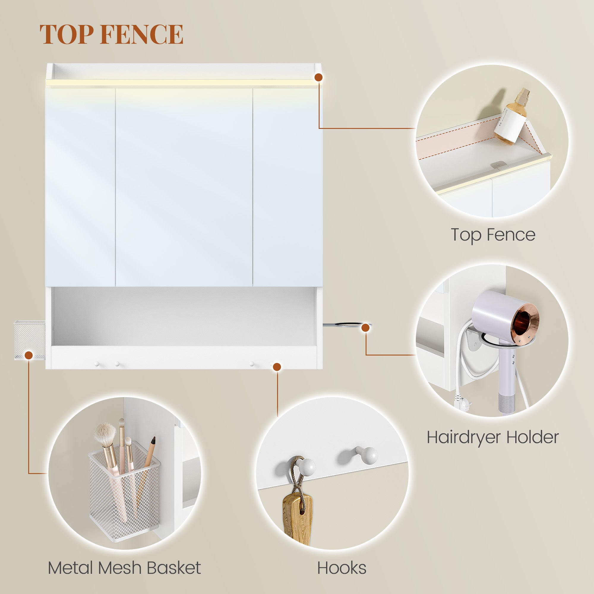 HEXCELEN 70 cm Bathroom Mirror Cabinet, Bathroom Cabinet with Mirror, Wall Cabinet with 3 Doors, Adjustable Levels, with Hooks, for Bathroom, 15 x 70 x 78.8 cm, White, 590303X