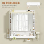 HEXCELEN 70 cm Bathroom Mirror Cabinet, Bathroom Cabinet with Mirror, Wall Cabinet with 3 Doors, Adjustable Levels, with Hooks, for Bathroom, 15 x 70 x 78.8 cm, White, 590303X