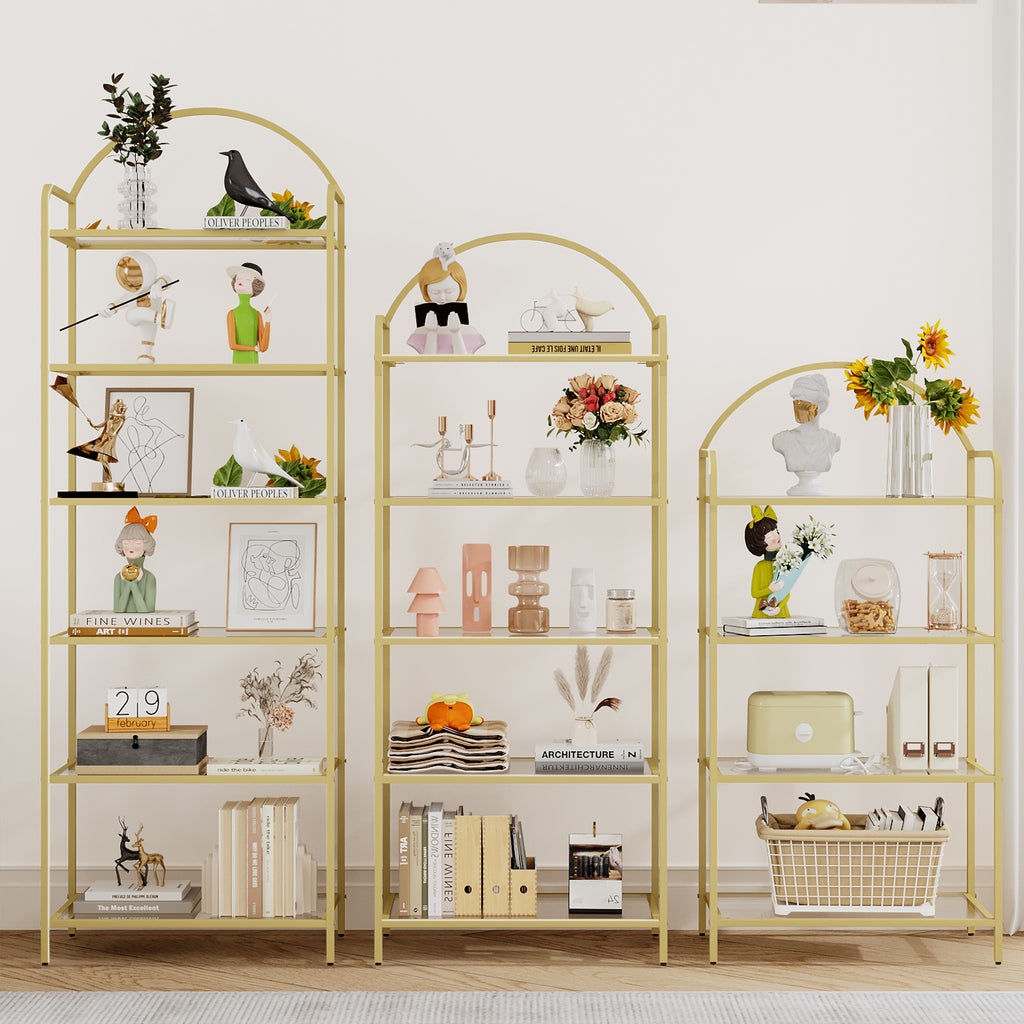 Hzuaneri 6 Tier Bookcase Bookshelf, Tempered Glass Bookshelves, Slim Shelving Unit for Bedroom, Bathroom, Home Office, Steel Frame, Gold BC21699G