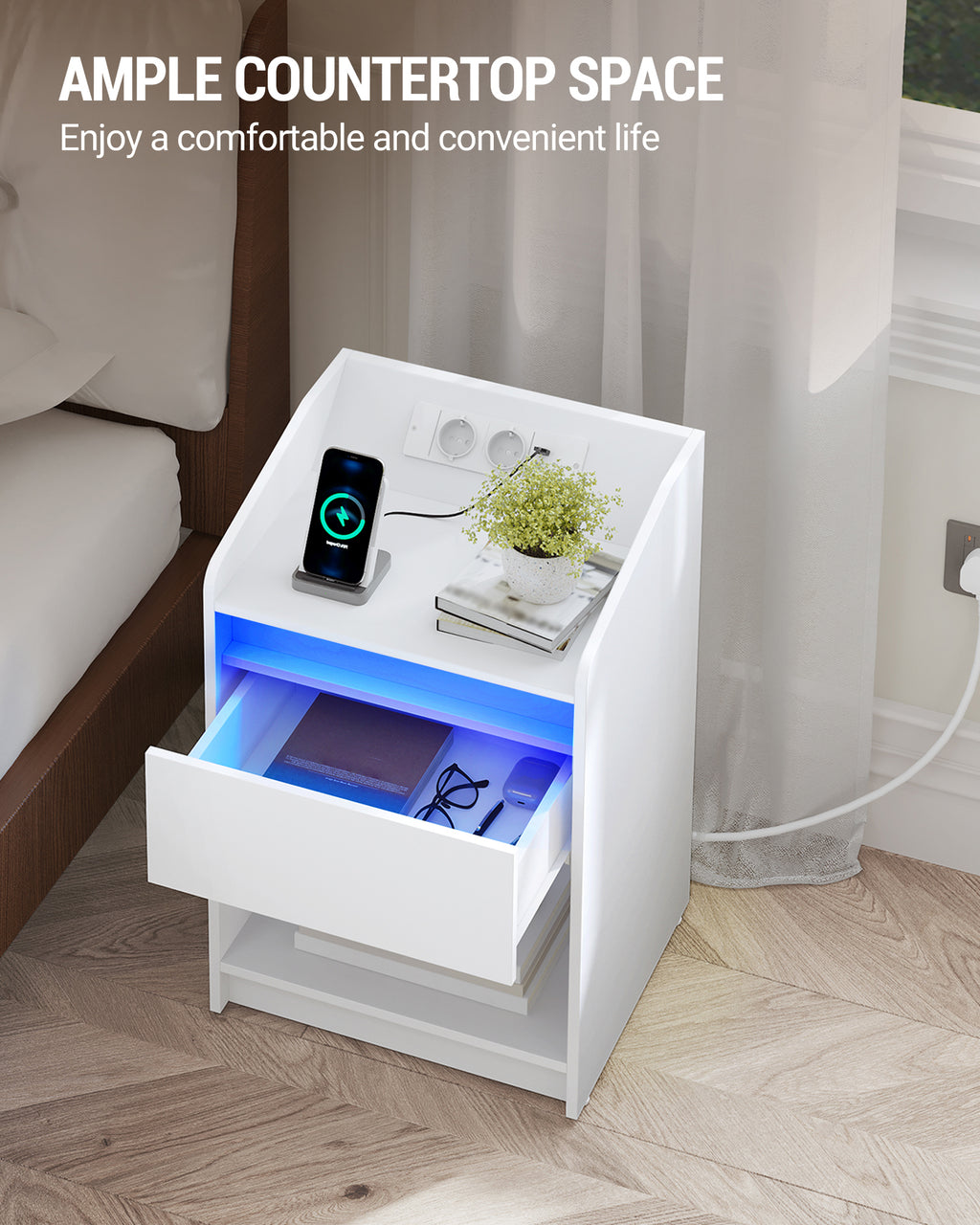 Hzuaneri Bedside Table with LED Light & Charging Station, 2 USB Ports & Outlets, Storage Drawer