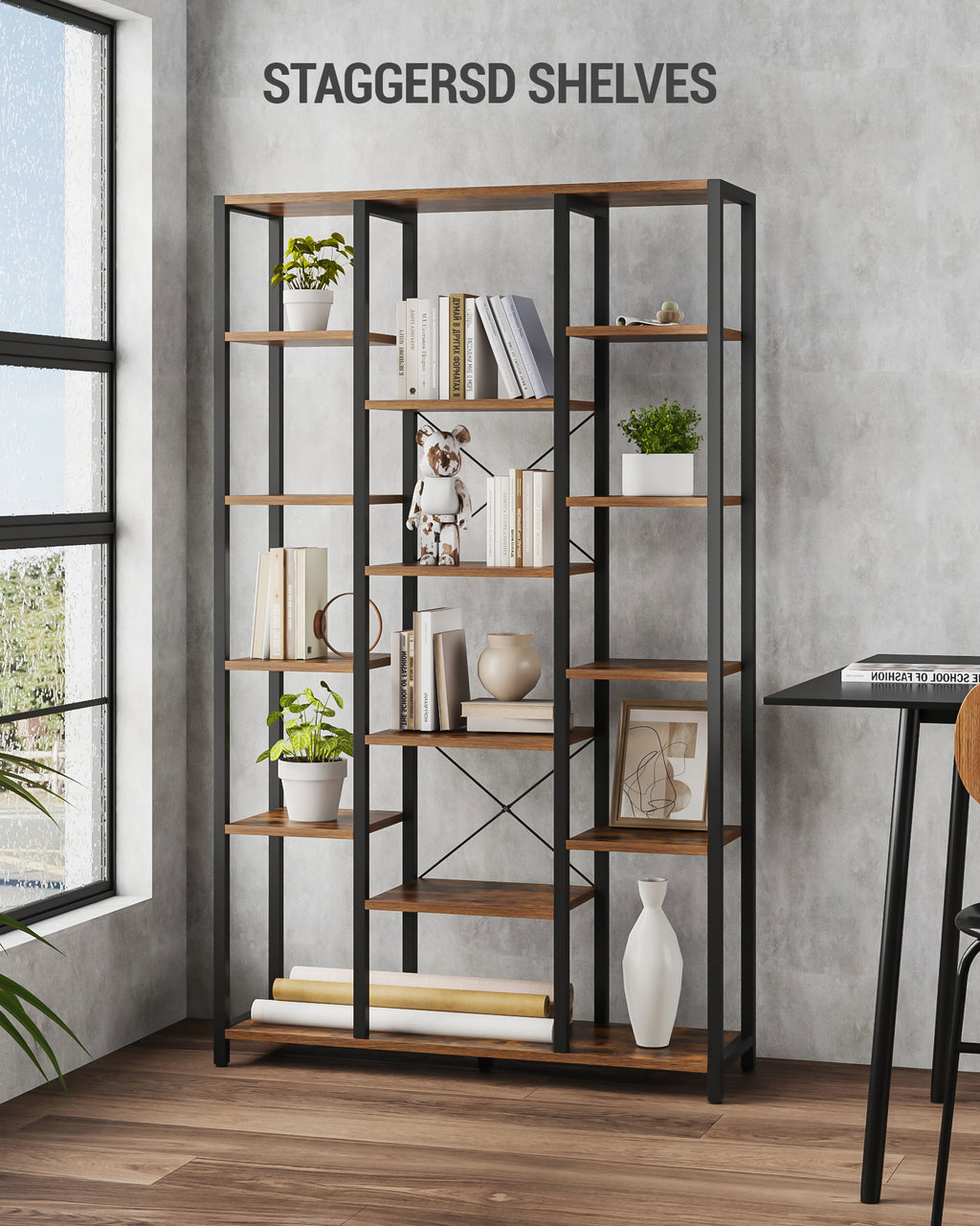 Hzuaneri 6-Level Bookshelf with 15 Adjustable Shelves, Vintage Brown-Black, 30 x 100 x 170 cm